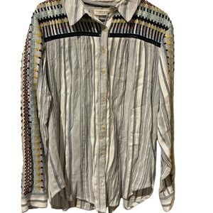 Pilcro Anthropologie Embroidered Striped Button Down Shirt Blue White Small